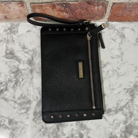 Calvin Klein Leather Studded Clutch Wristlet Handbag Black Gold Lined H3GG11WA - Picture 15 of 17